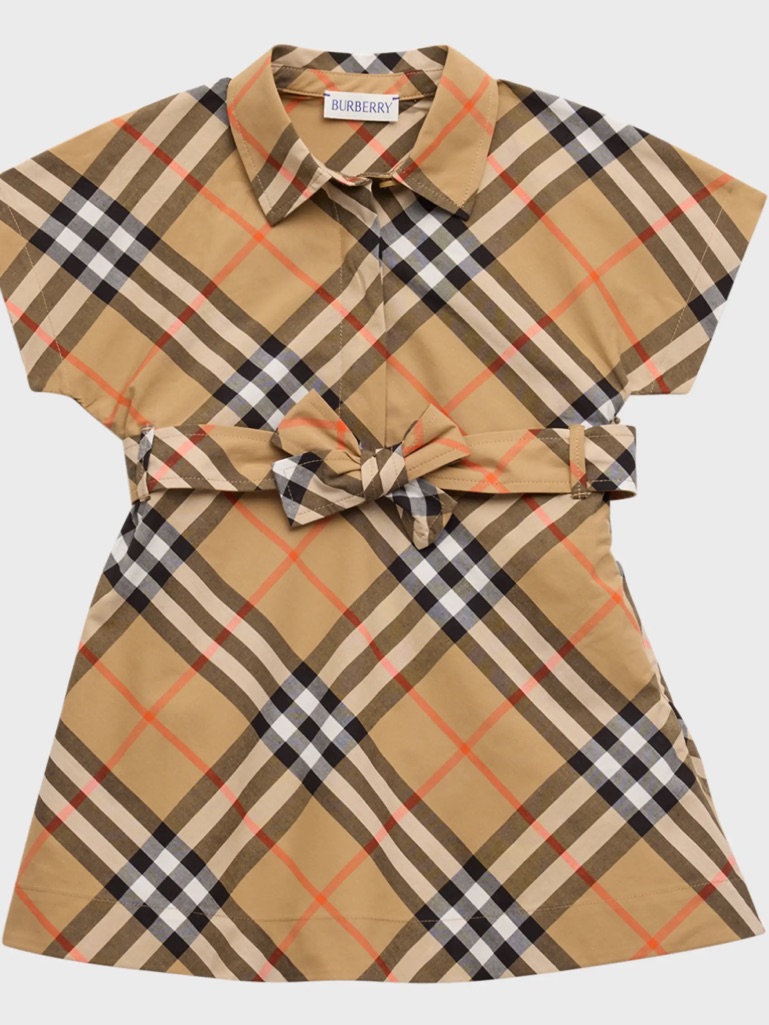 Burberry Tan Nova Check Tie-Waist Shirt Dress -12 Months Fits Up To 18-24mths